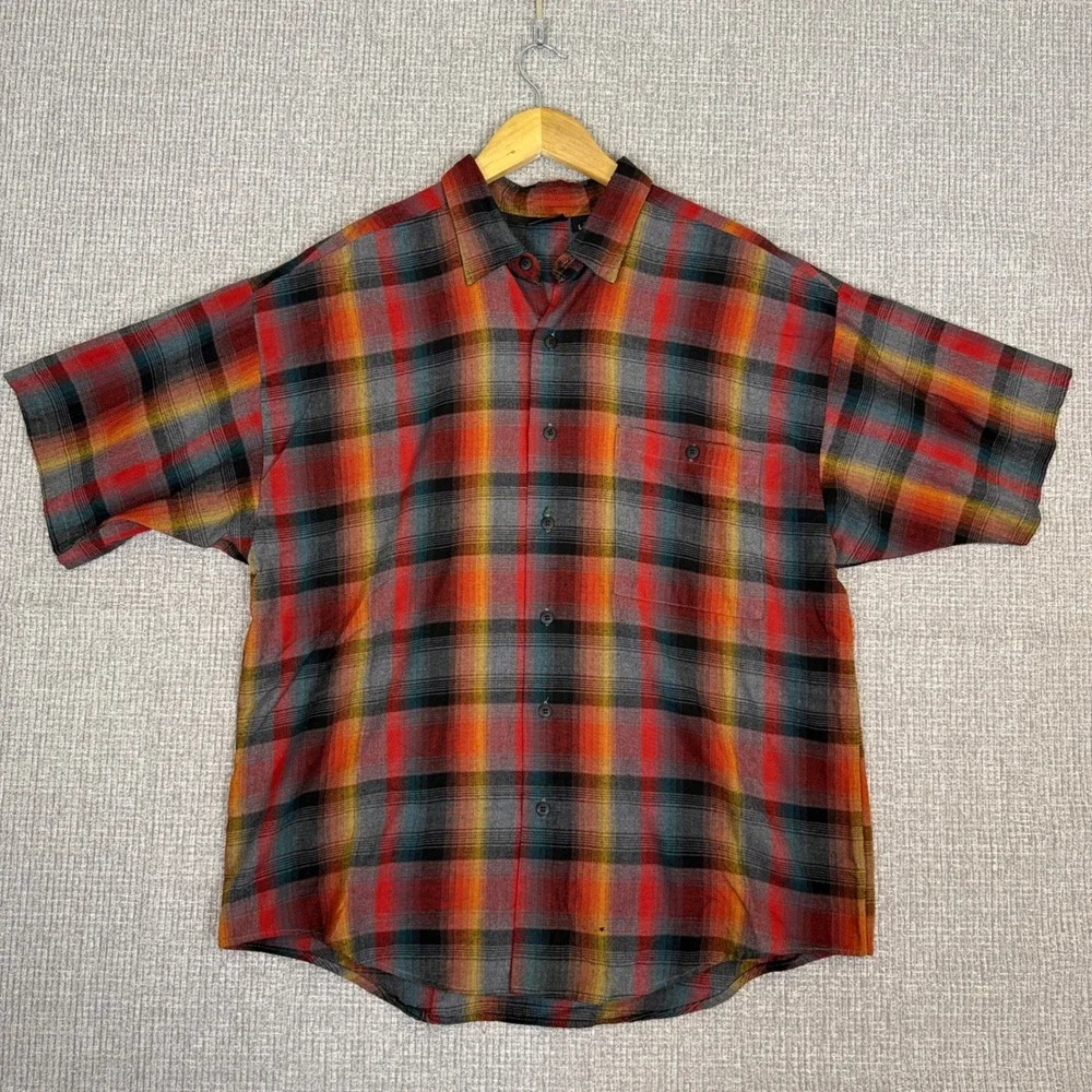 Hutspah Plaid Shirt Short Sleeve Button Up Made in‎ USA Colorful Mens L Gorp 90s